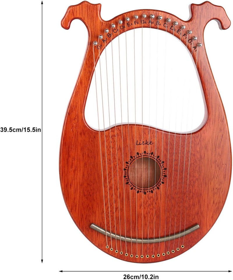 LIEKE Lyre Harp 16 Metal Strings,Mahogany Body and Copper Saddle,Mini Harp instrument Gift with Bag Tuning Wrench for Beginner Musician - Image 3